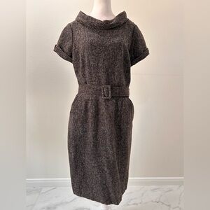 Banana Republic Textured Wool Blend Brown Midi Cowl Neck Dress, Size 14